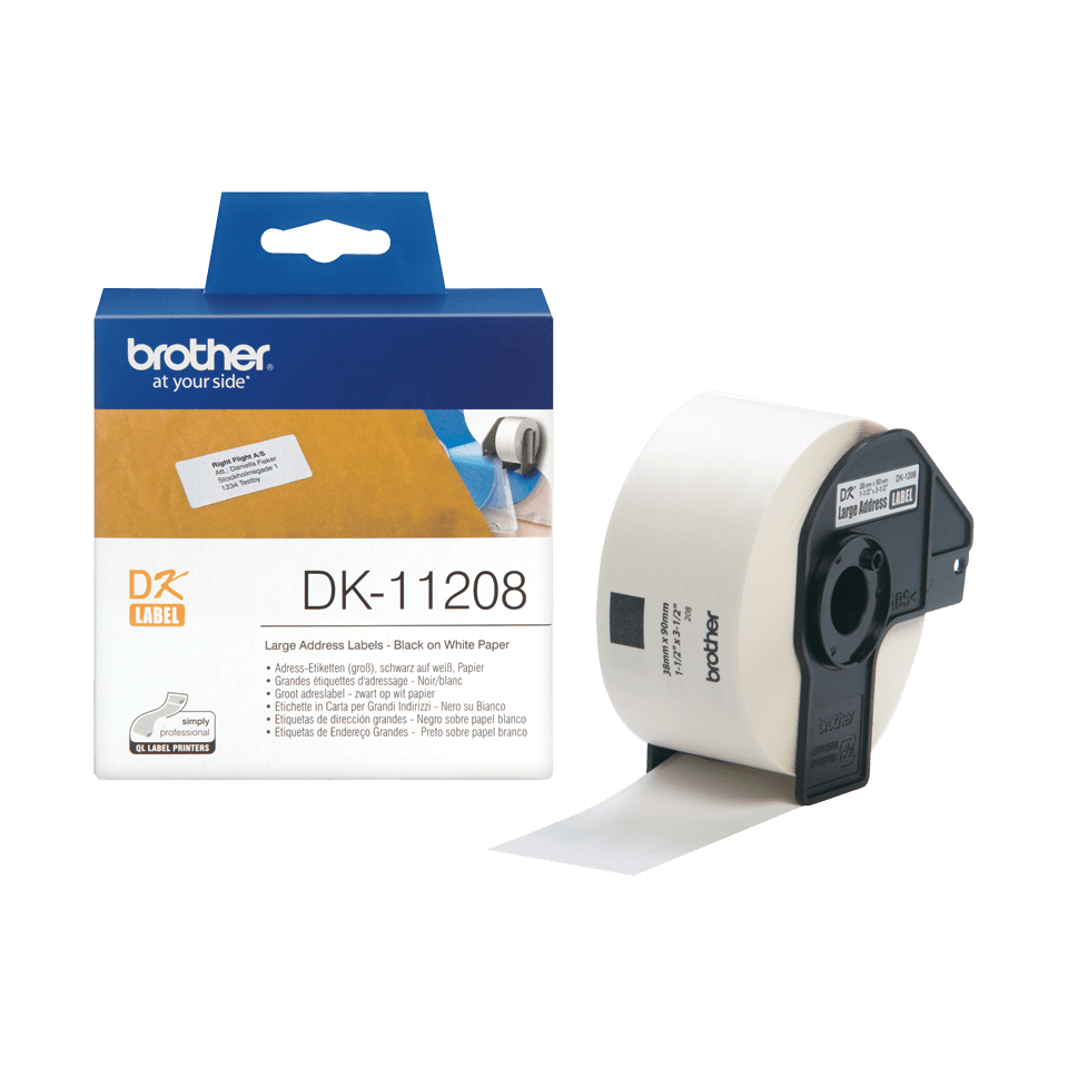 Originele Brother DK-11208 voorstanst groot adreslabel – papier - zwart op wit, 38 mm x 90 mm